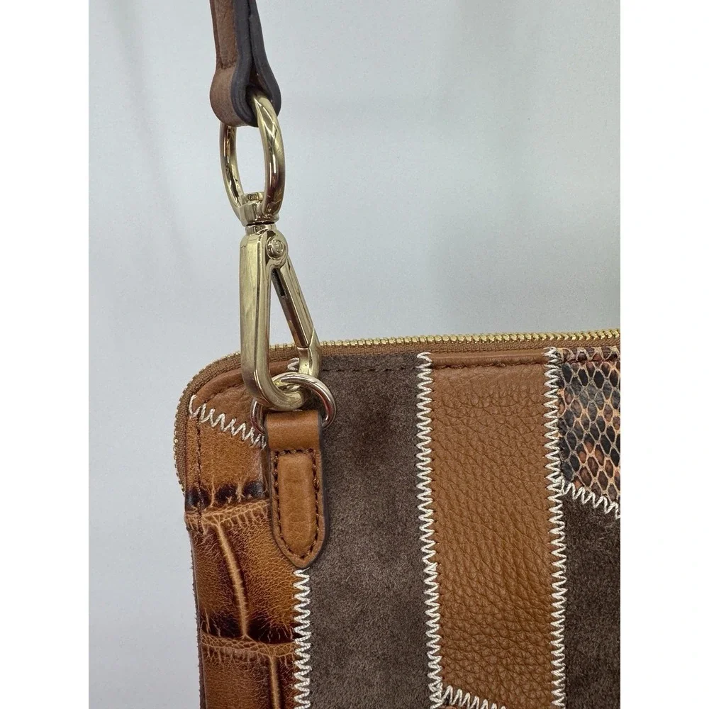 Genuine Leather Crossbody Bag Brown Medium Patchwork Snakeskin Boho Western